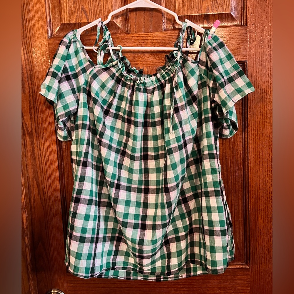 Max Studio Specialty Products XL Pullover Green Plaid Tie Shoulder Blouse